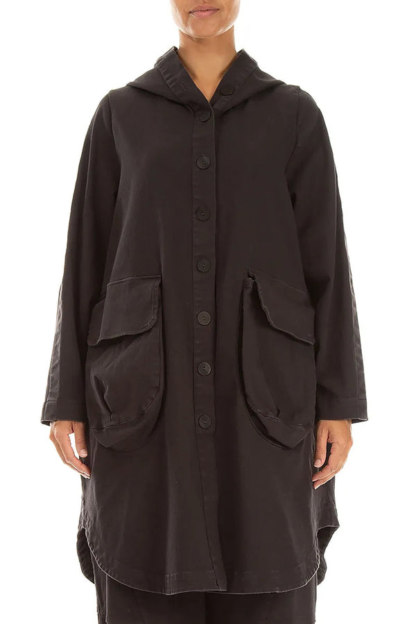 Hooded Charcoal Stretch Cotton Coat