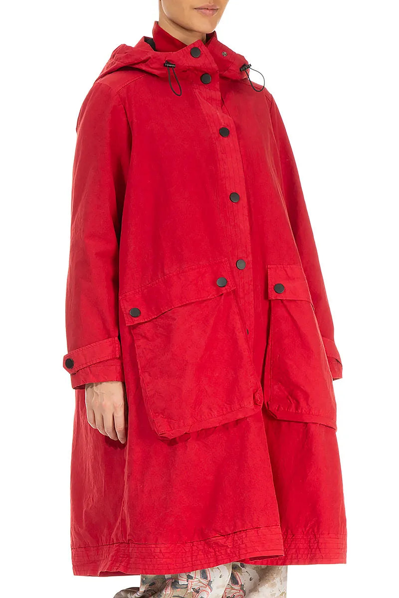 Hooded Cherry Red Cotton Coat 4