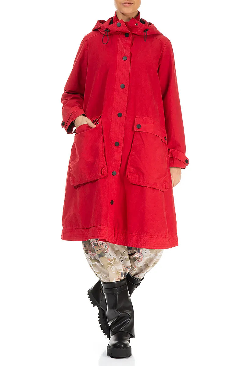 Hooded Cherry Red Cotton Coat 5