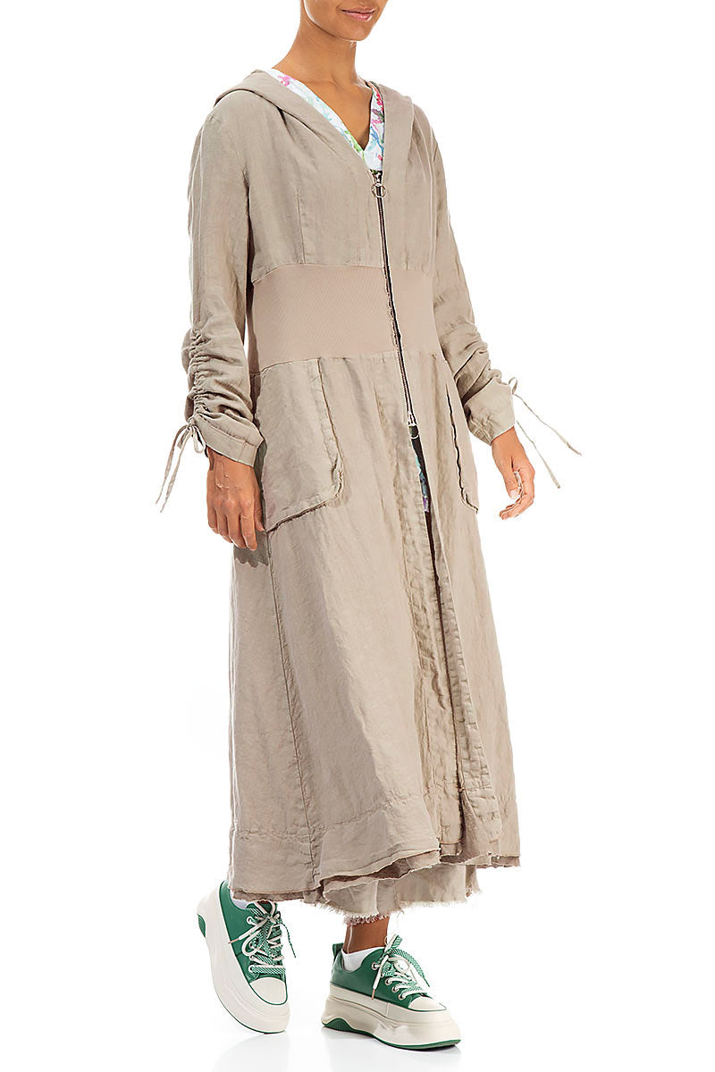 Hooded Gathered Sleeves Beige Linen Jacket