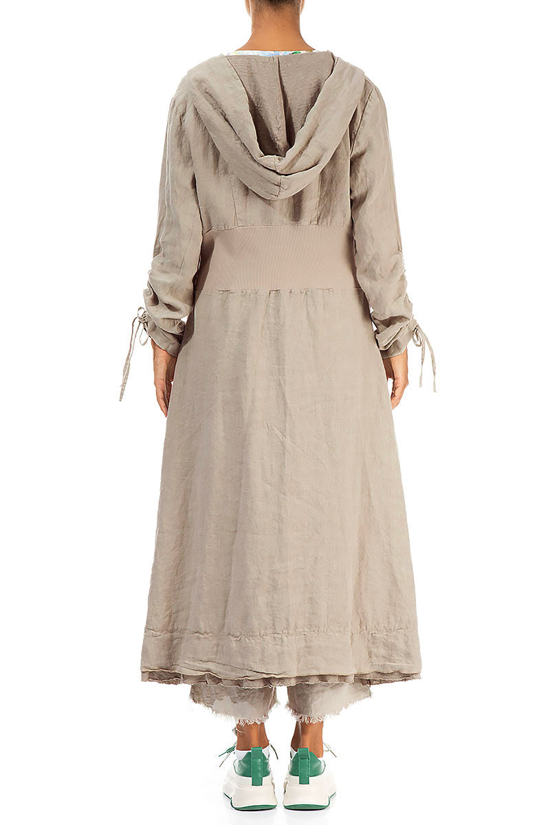 Hooded Gathered Sleeves Beige Linen Jacket