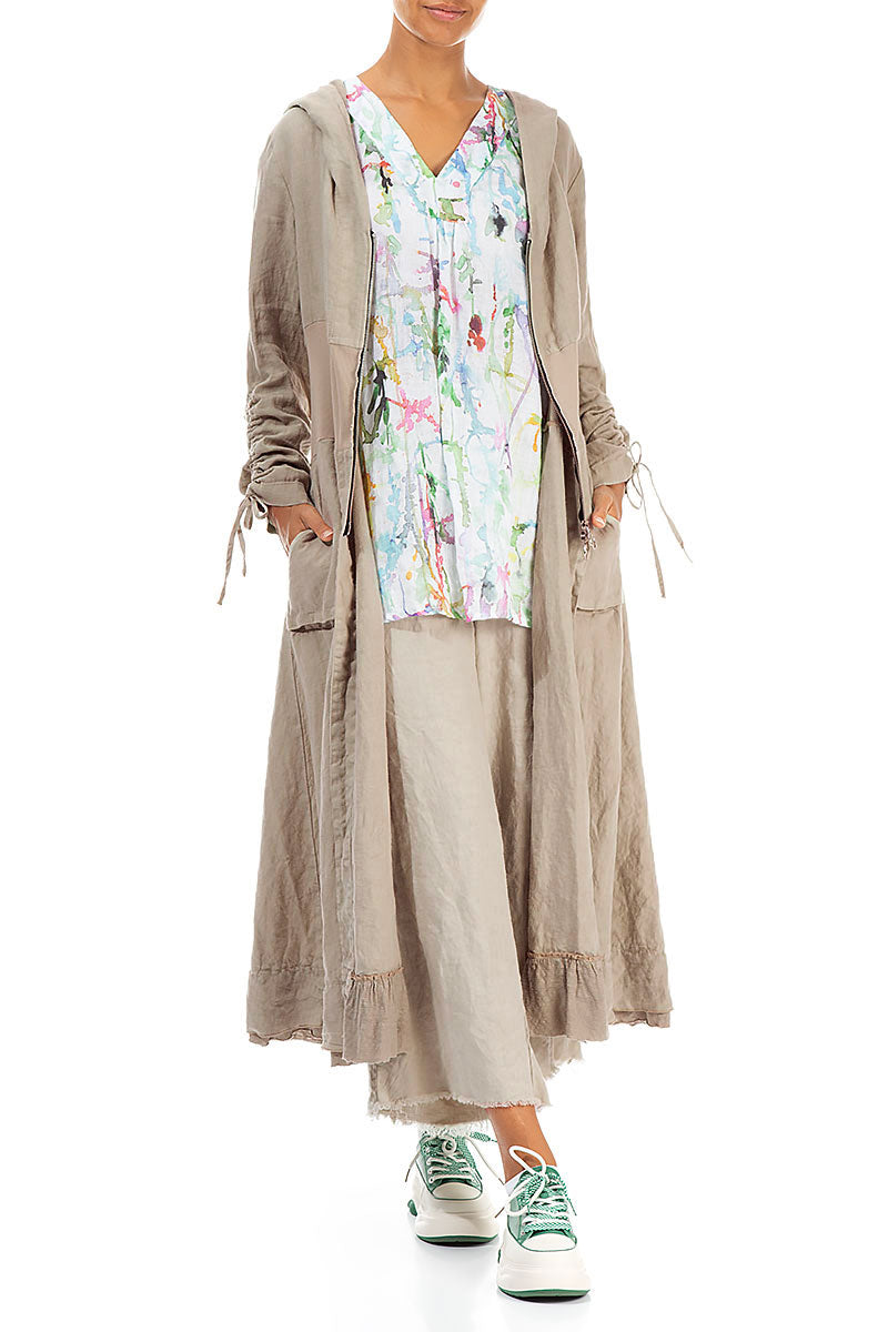 Hooded Gathered Sleeves Beige Linen Jacket