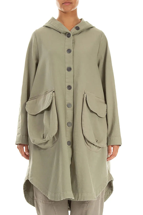 Hooded Olive Grey Denim Cotton Coat 1