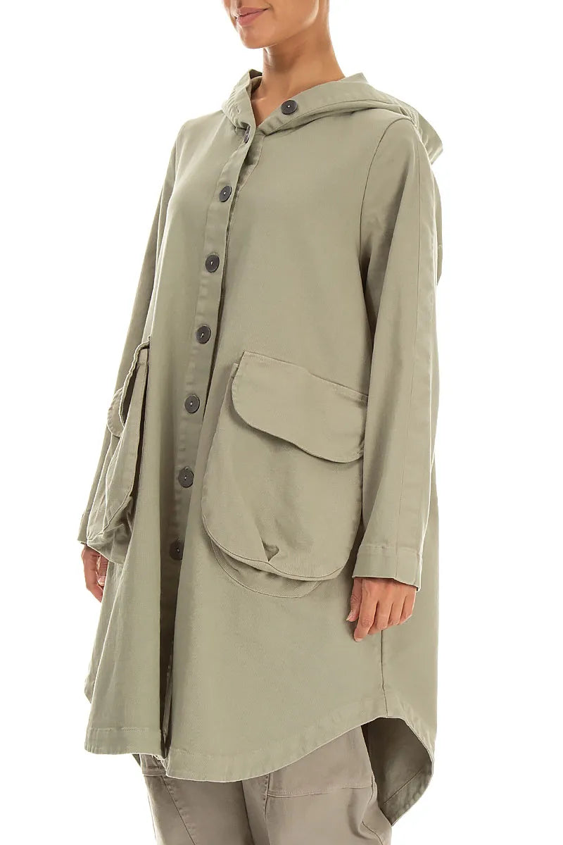Hooded Olive Grey Stretch Cotton Coat