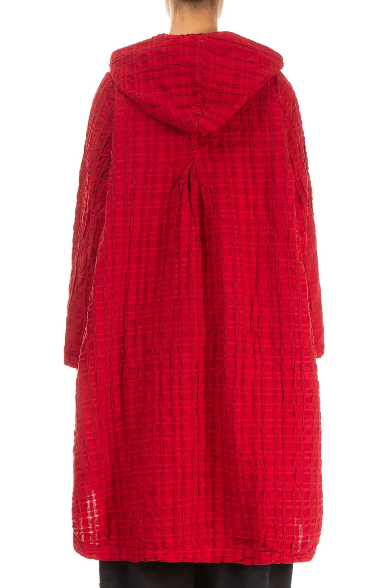 Hooded Oversized Cherry Red Checkered Linen Cotton Jacket 2