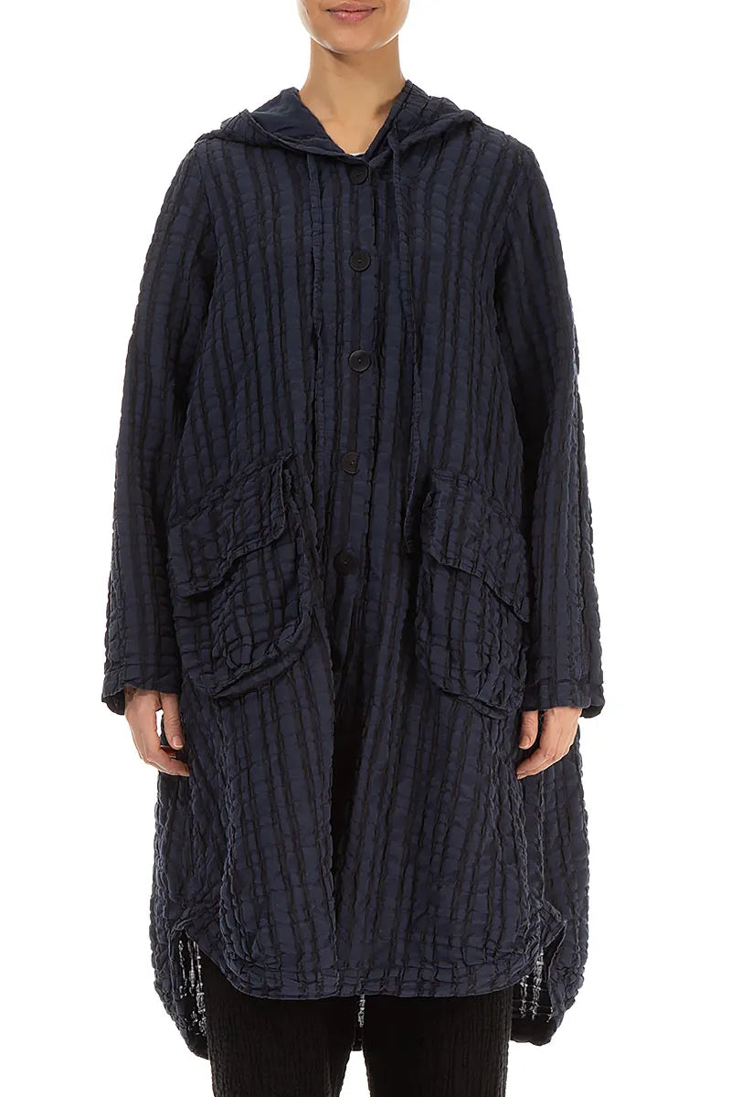 Hooded Oversized Slate Blue Checkered Linen Cotton Jacket 1