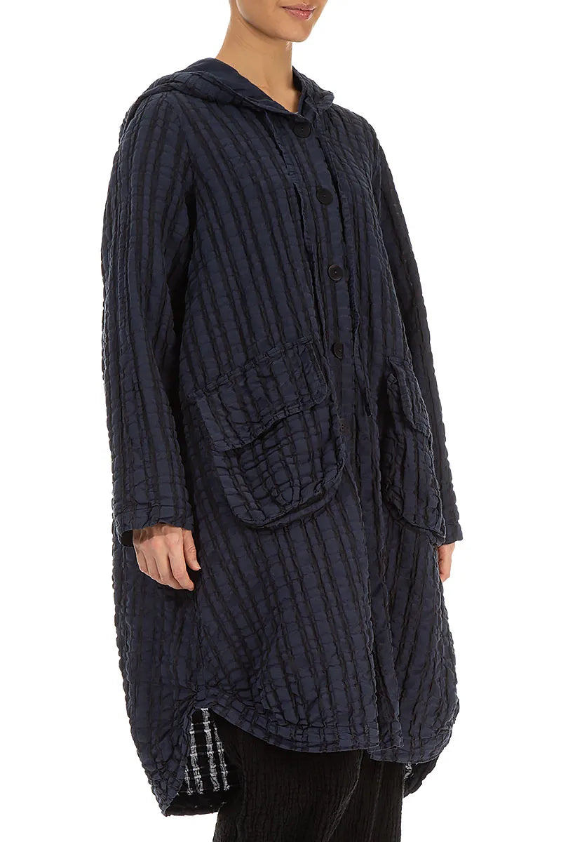 Hooded Oversized Slate Blue Checkered Linen Cotton Jacket 3