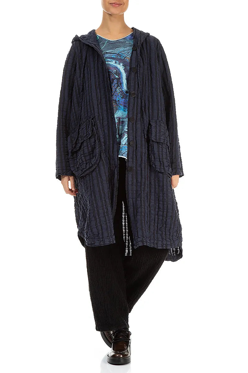Hooded Oversized Slate Blue Checkered Linen Cotton Jacket 4