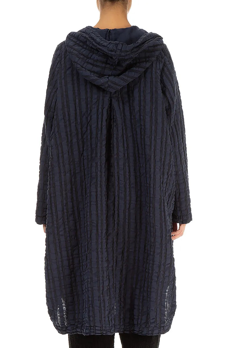 Hooded Oversized Slate Blue Checkered Linen Cotton Jacket 2