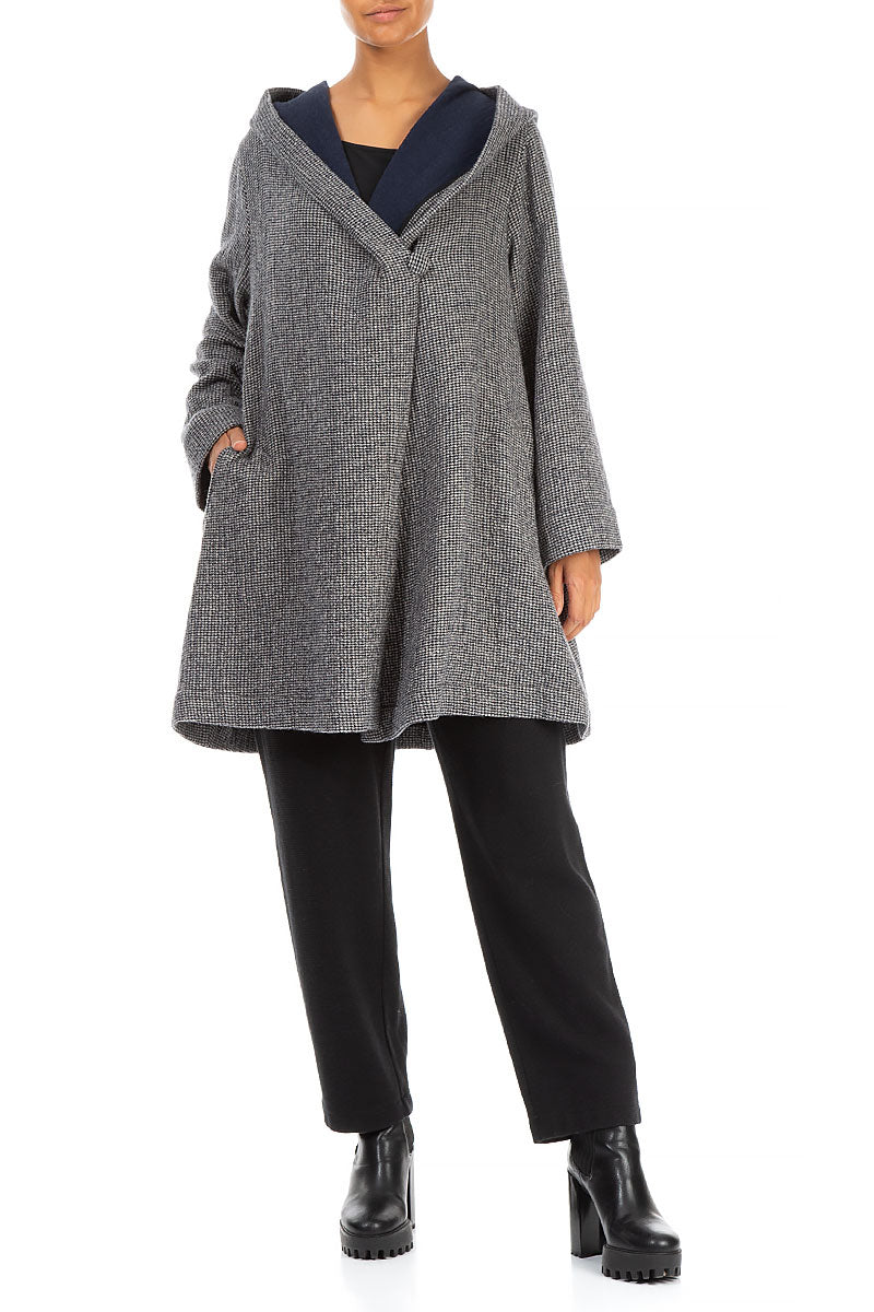 Hooded Grey Houndstooth Wool Coat 4