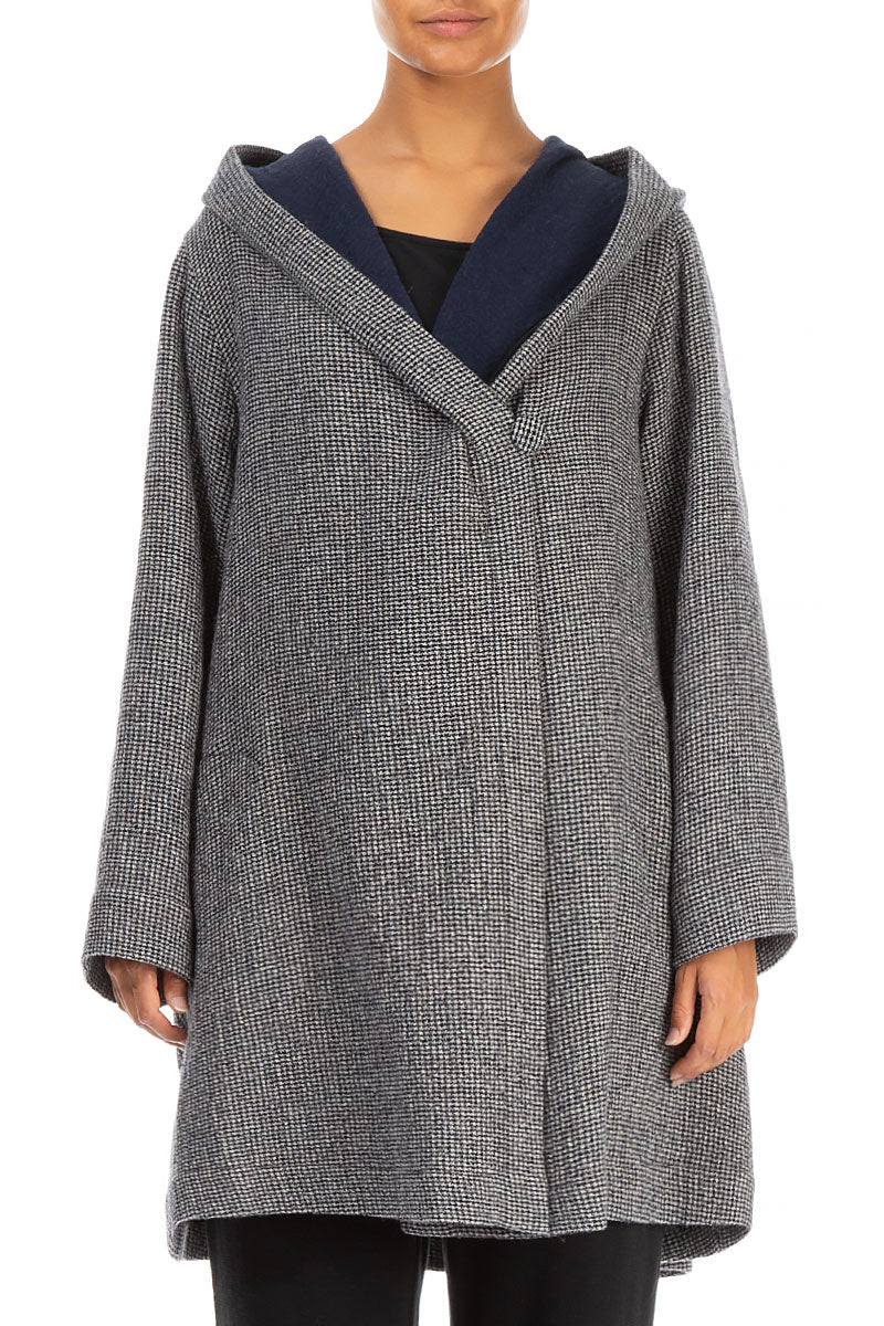 Hooded Grey Houndstooth Wool Coat 1