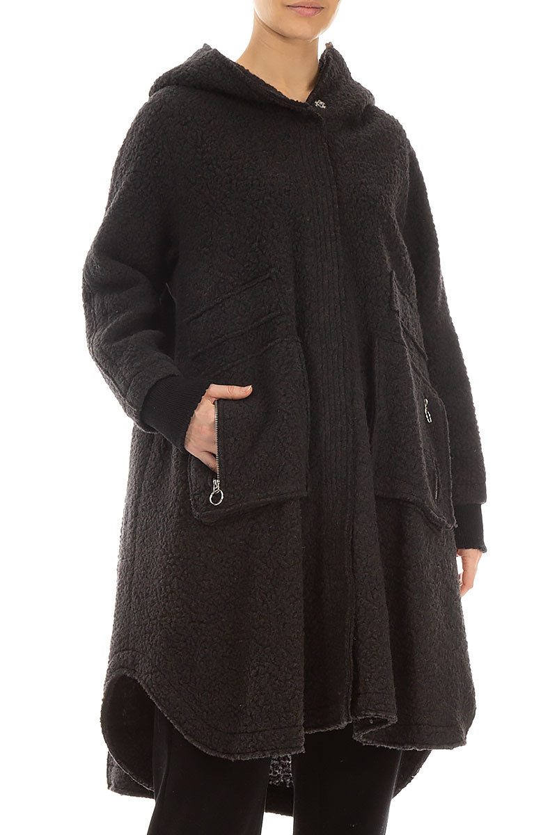 Hooded Zip Dark Chocolate Plush Wool Cotton Coat 3