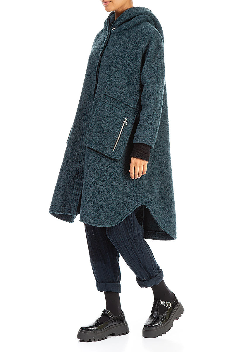 Hooded Zip Teal Plush Wool Cotton Coat 3