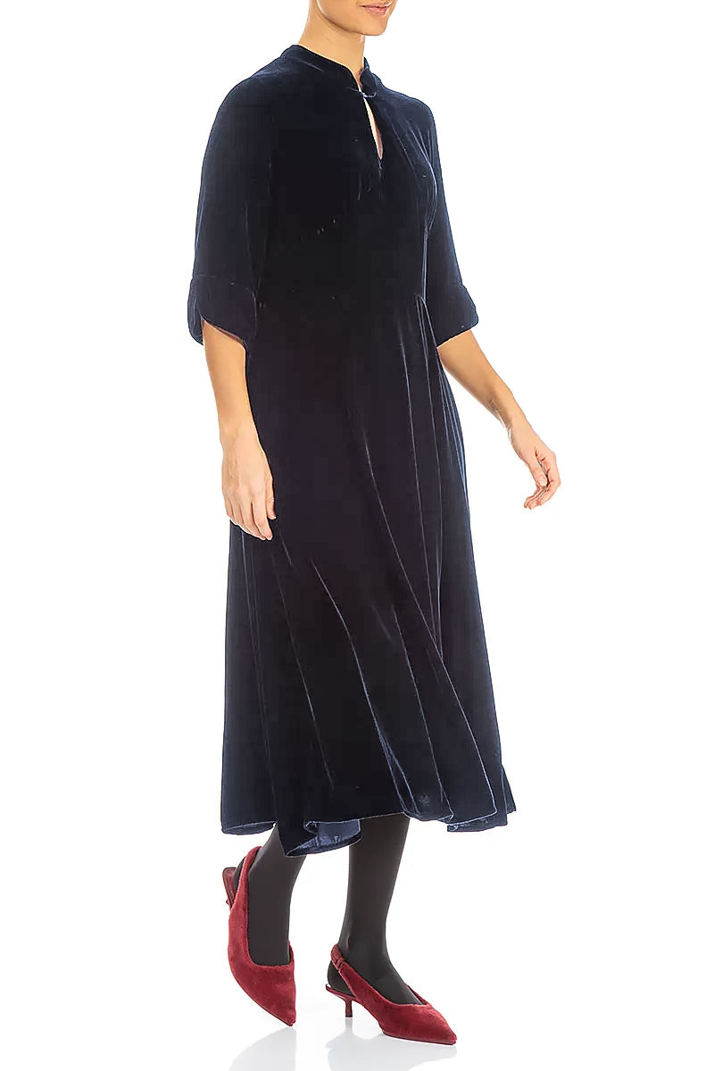 Keyhole Neck Slate Blue Silk Velvet Dress 5