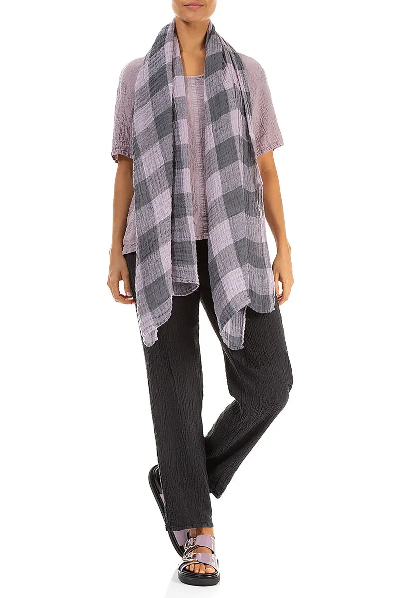 Large Check Lilac Gauze Linen Scarf 2