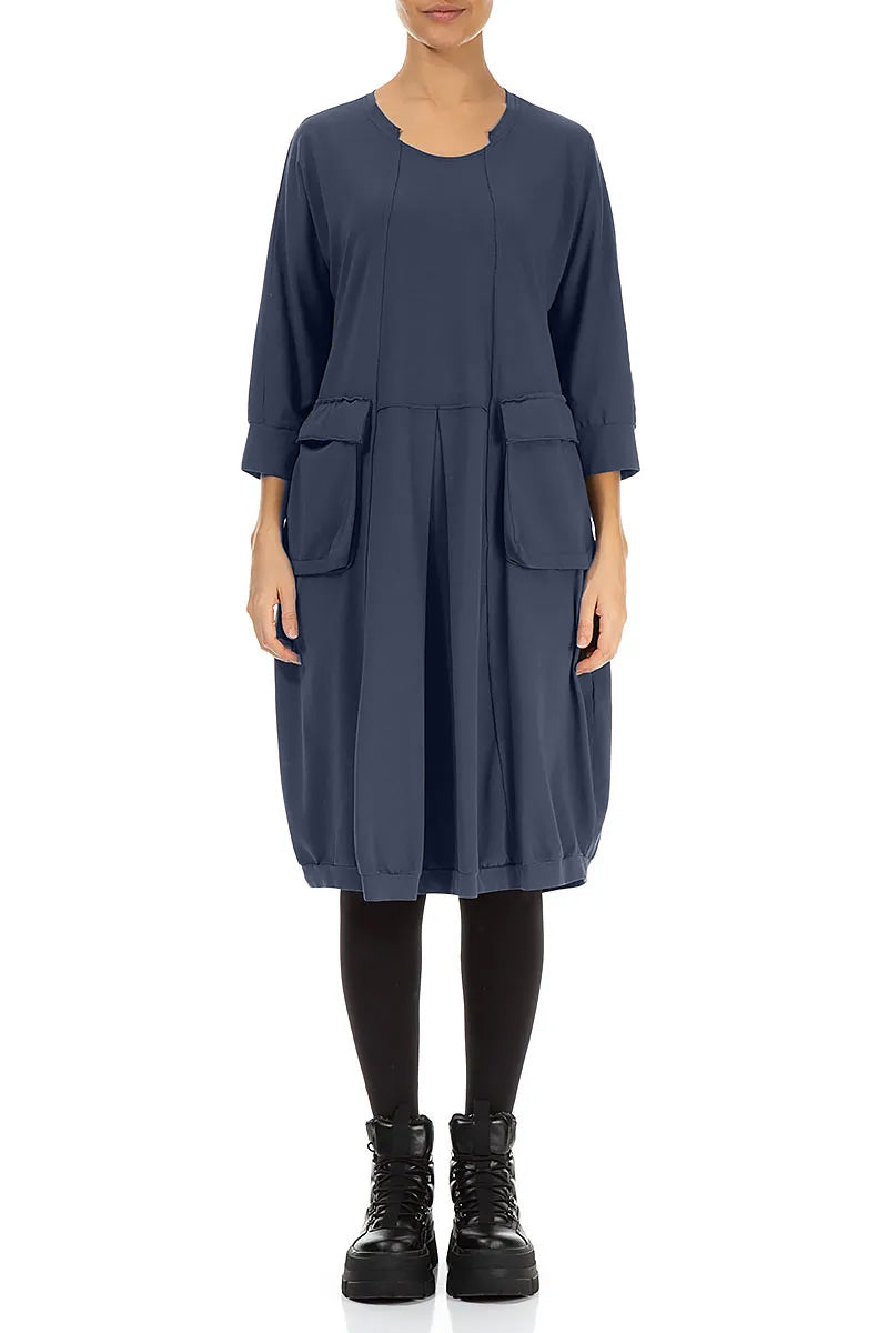 Large Pockets Slate Blue Cotton Dress 1