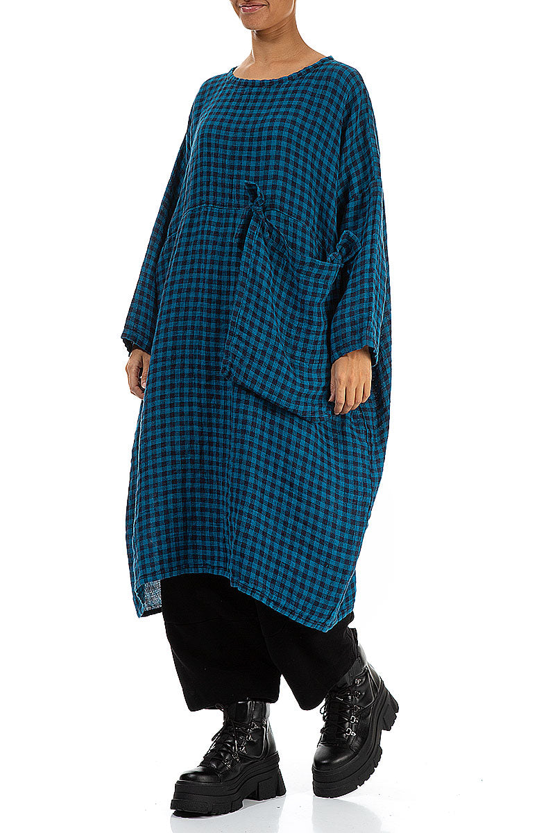 Large Side Pocket Blue Check Linen Dress 3