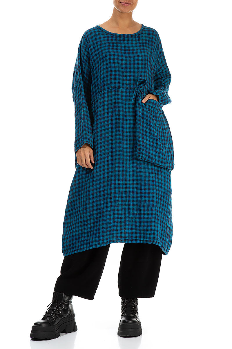 Large Side Pocket Blue Check Linen Dress 4