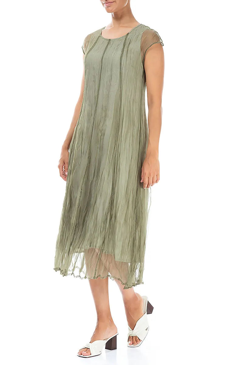 Laurel Green Crumpled Silk Chiffon Dress 3