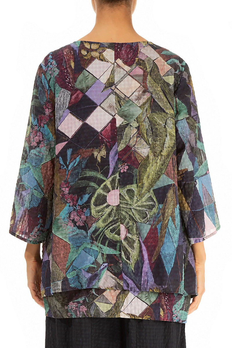 Layered 3/4 Sleeves Art Mosaic Textured Silk Blouse 2