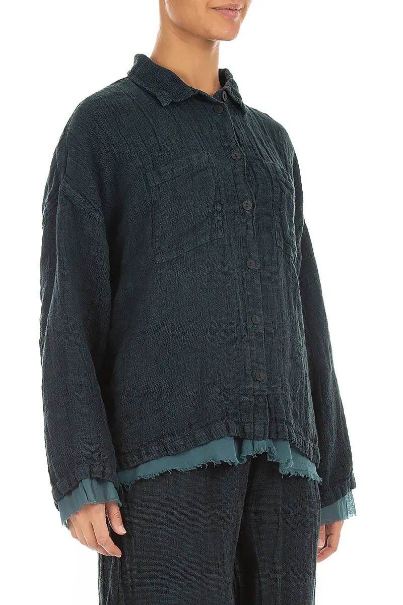 Layered Deep Truquoise Mélange Linen Shirt 3