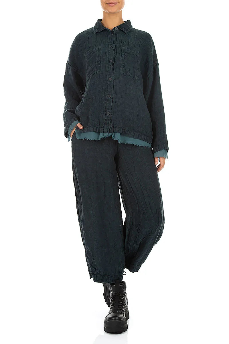 Layered Deep Truquoise Mélange Linen Shirt 4