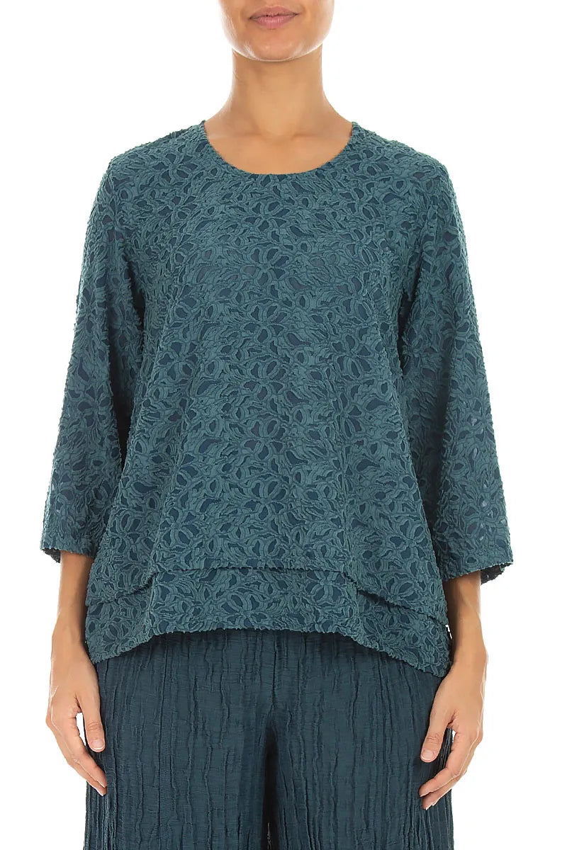 Layered Deep Turquoise Floral Texture Silk Blouse