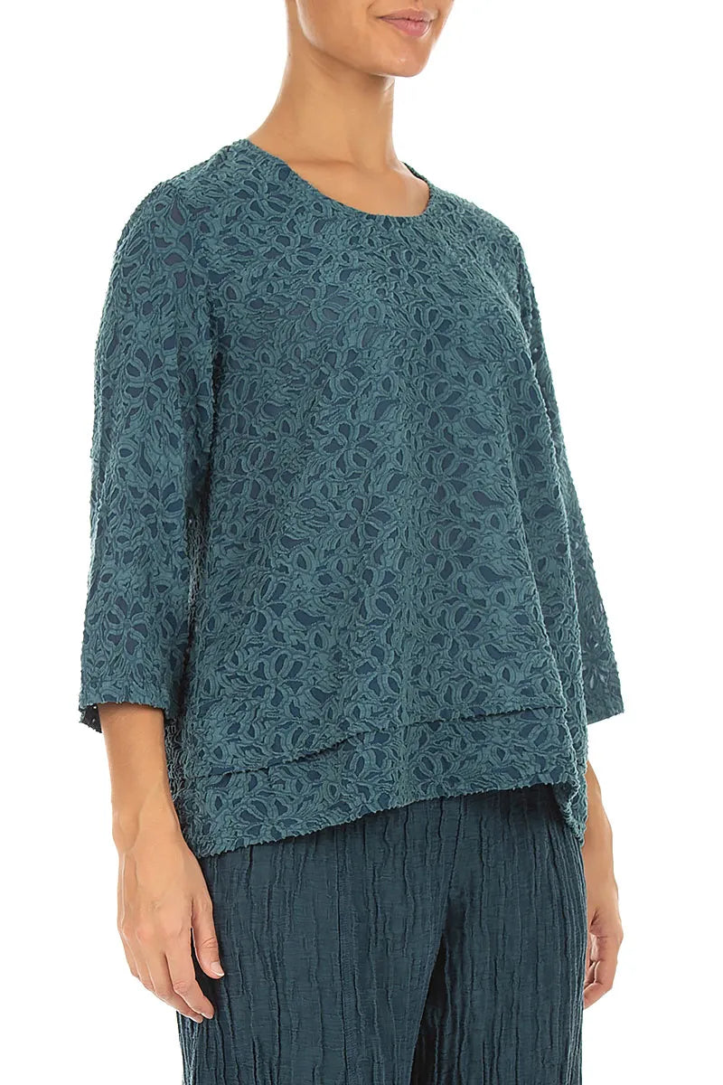 Layered Deep Turquoise Floral Texture Silk Blouse