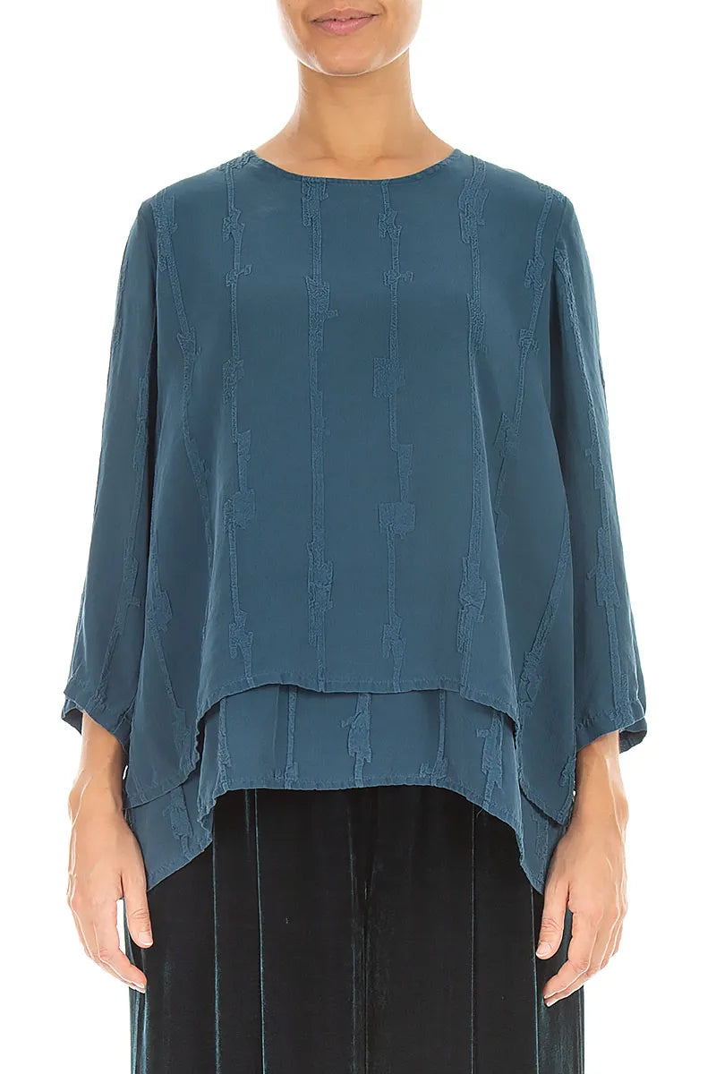 Layered Deep Turquoise Raised Textured Silk Blouse