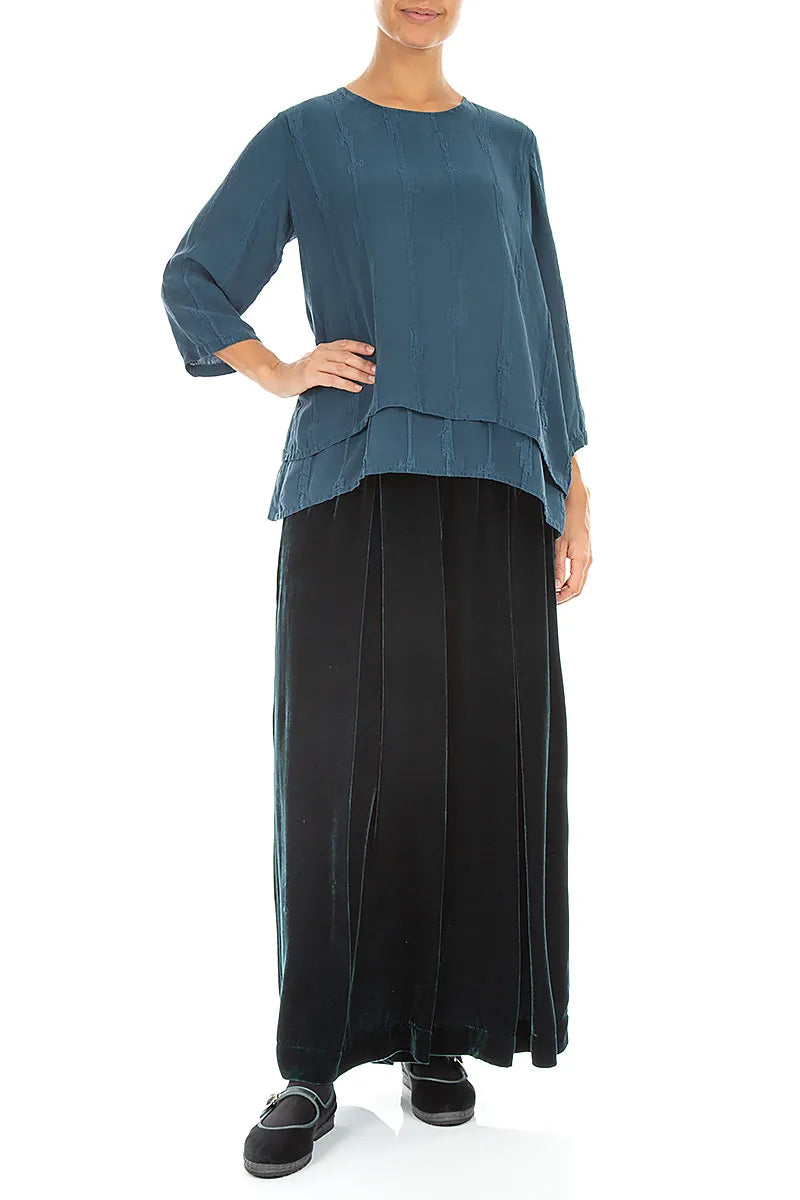 Layered Deep Turquoise Raised Textured Silk Blouse