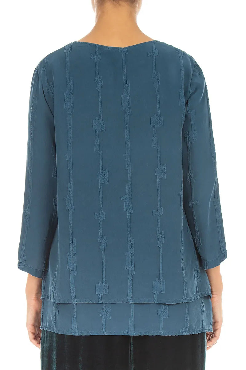 Layered Deep Turquoise Raised Textured Silk Blouse