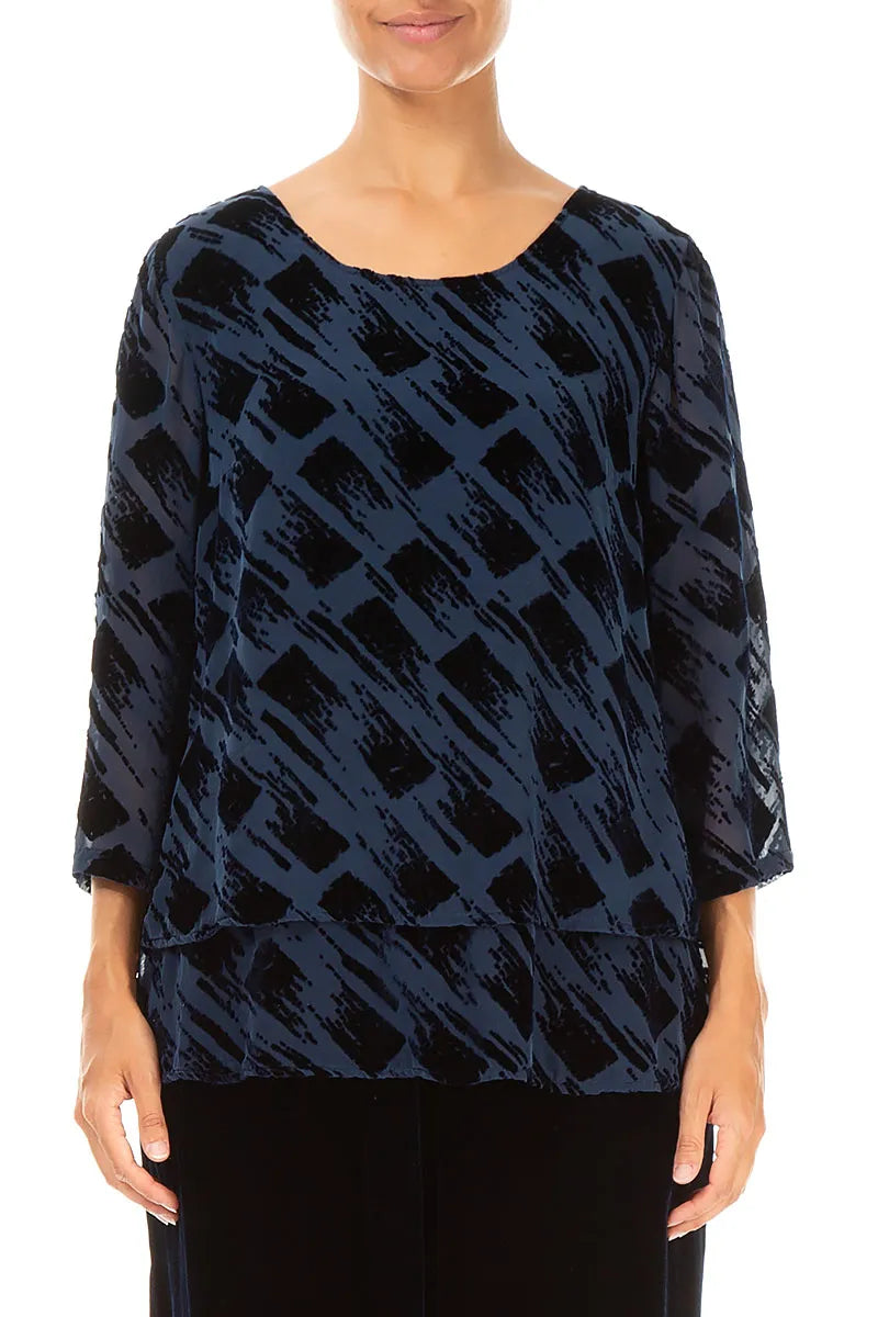 Layered Devoré Brush Royal Blue Silk Velvet Blouse