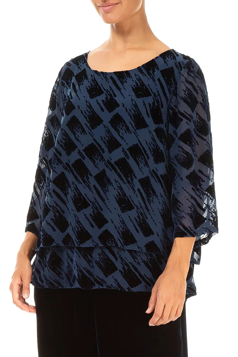 Layered Devoré Brush Royal Blue Silk Velvet Blouse