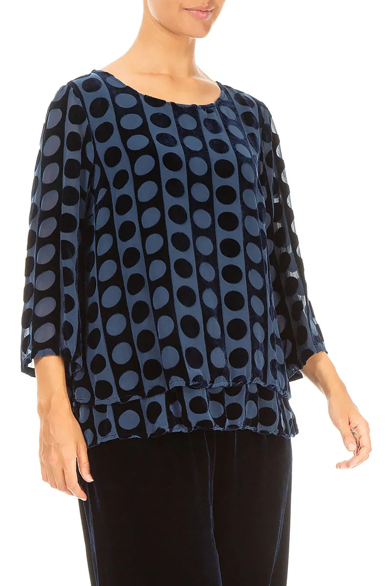 Layered Devoré Bubble Lines Royal Blue Silk Velvet Blouse 3