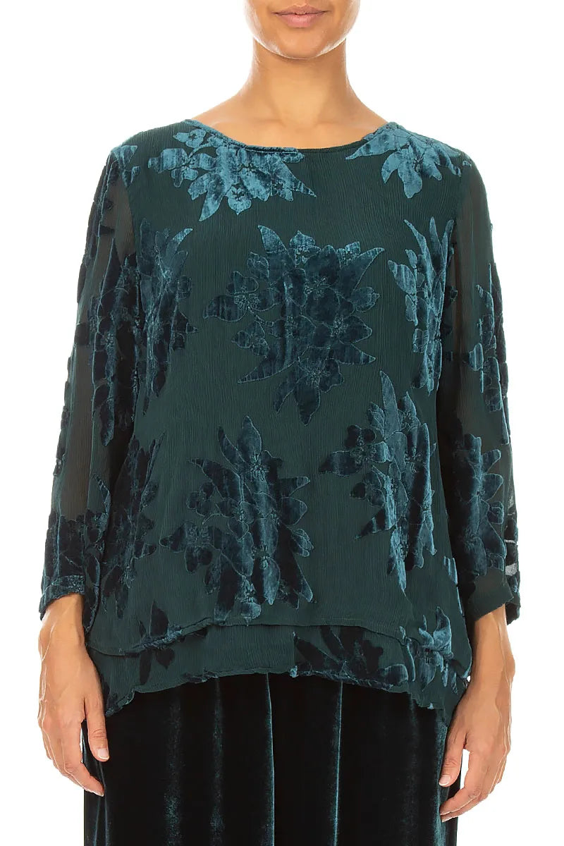 Layered Devoré Flower Peacock Silk Velvet Blouse
