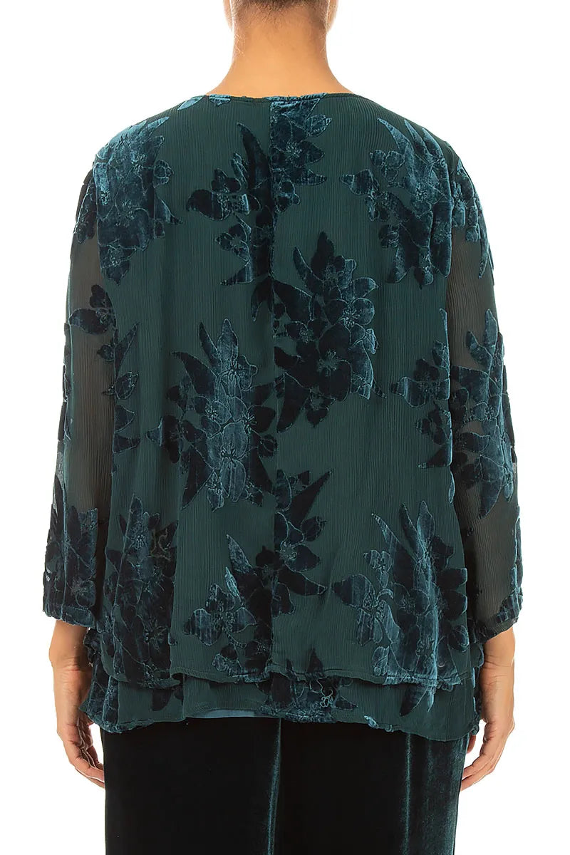 Layered Devoré Flower Peacock Silk Velvet Blouse