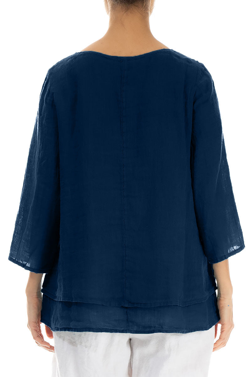 Layered Navy Gauze Linen Blouse 2