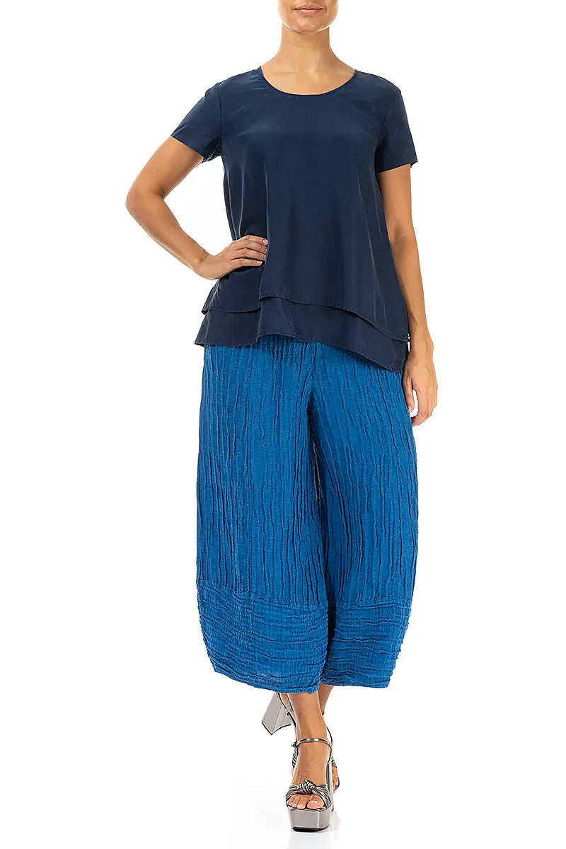 Chemisier bleu marine en pure soie à plusieurs épaisseurs