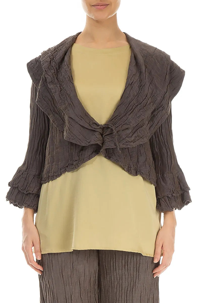 Layered Notched Collar Crinkled Dark Brown Silk Jacket 1