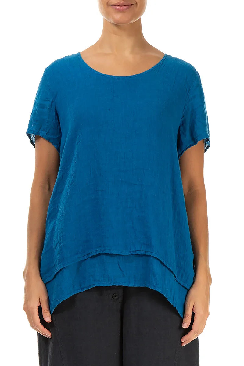 Layered Short Sleeves Cobalt Blue Gauze Linen Blouse 1