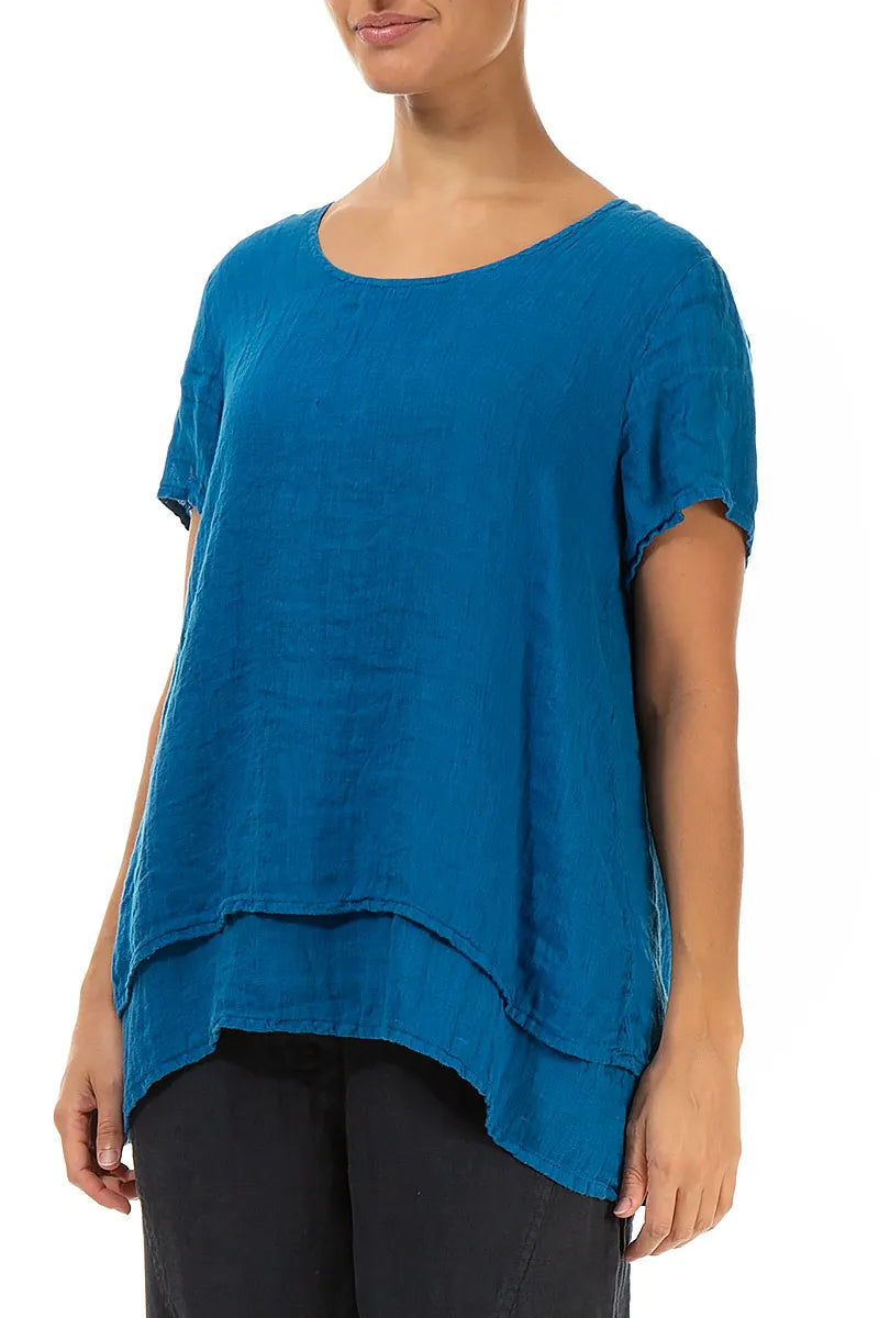 Layered Short Sleeves Cobalt Blue Gauze Linen Blouse 3