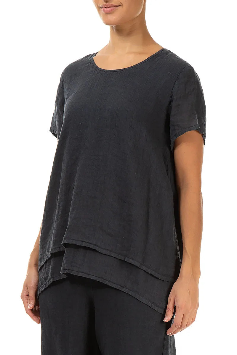 Layered Short Sleeves Graphite Gauze Linen Blouse 3