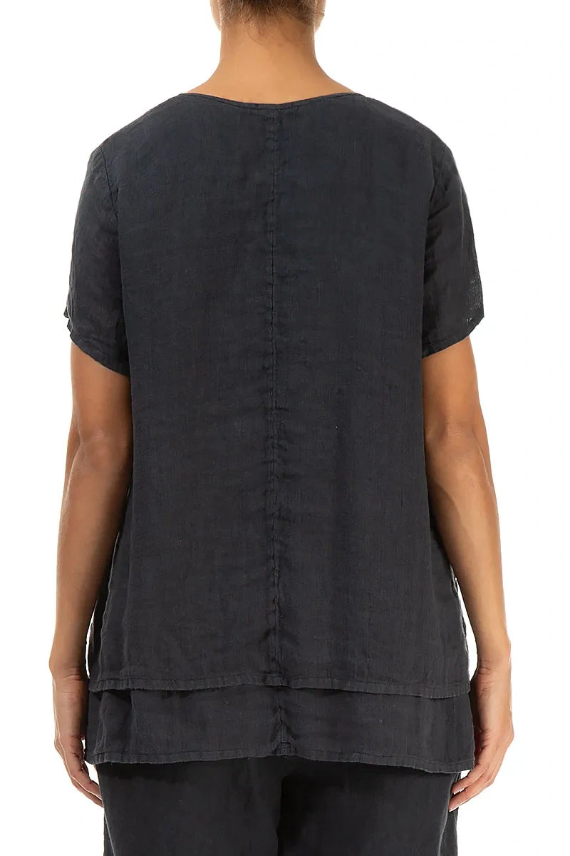Layered Short Sleeves Graphite Gauze Linen Blouse 2