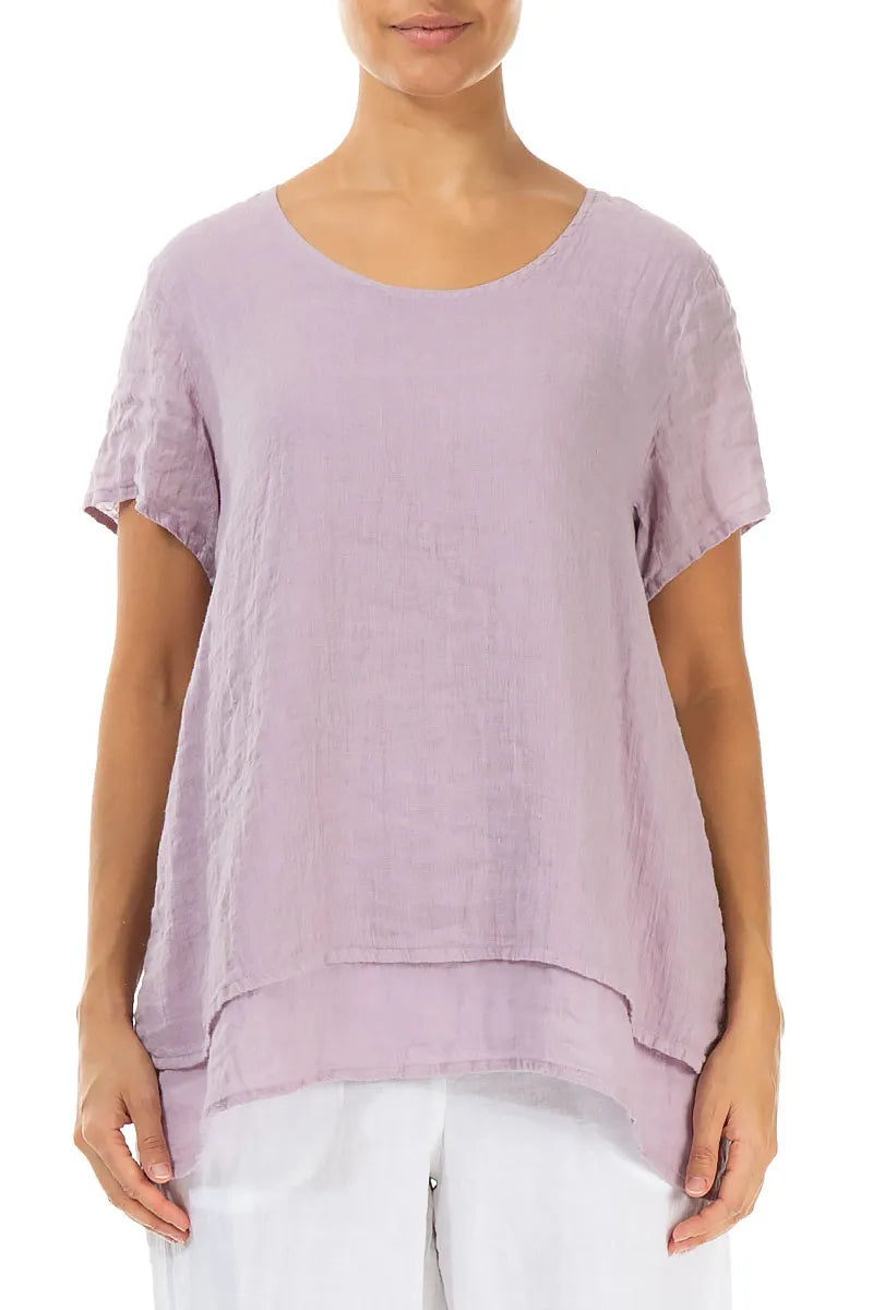Layered Short Sleeves Lilac Gauze Linen Blouse 1