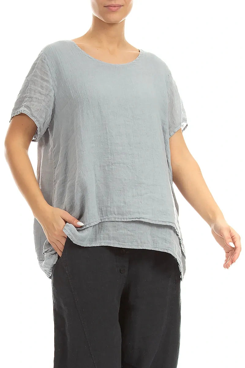 Layered Short Sleeves Silver Grey Gauze Linen Blouse 3