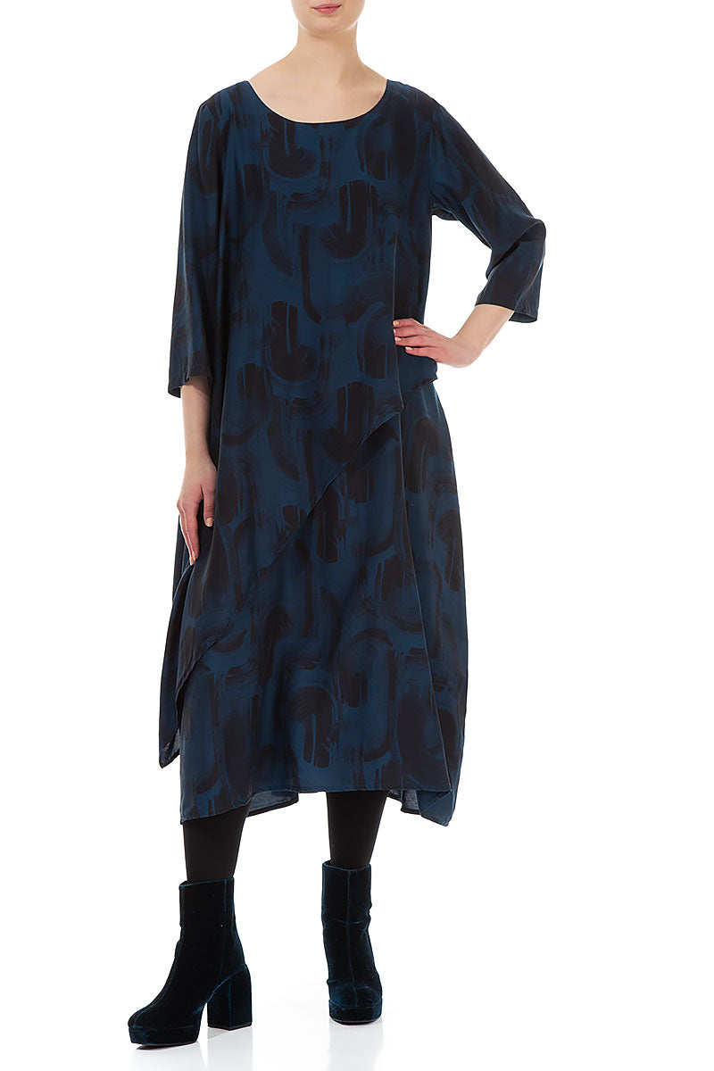 Layered Side Navy Paintwave Silk Bamboo Dress 3