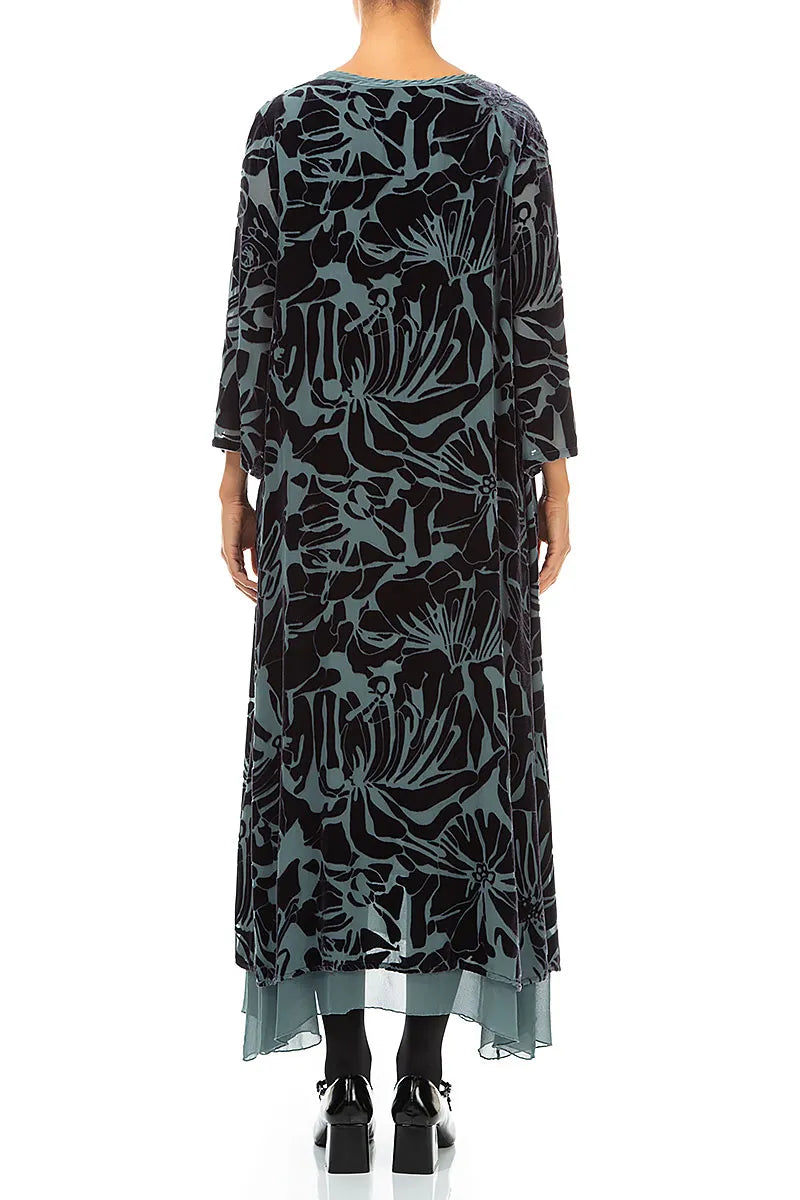 Layered Slate Floral Devoré Silk Velvet Dress