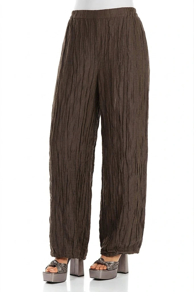 Long Crinkled Brown Silk Linen Trousers 3