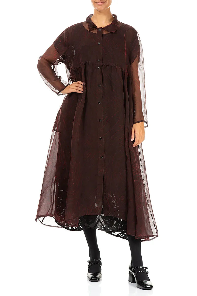 Longue veste en mousseline de soie imprimée rouge cerise foncé