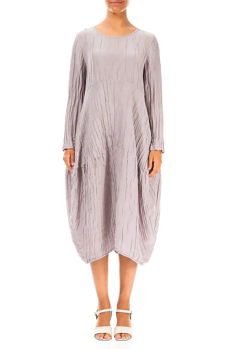 Long Sleeves Balloon Crinkled Greige Silk Linen Dress – grizas.com